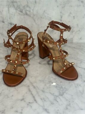 Valentino Garavani Brown Leather Studded Strappy Block Heel Sandals